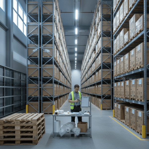 Zone logistique d'entrepôt IT avec stock de PC portables professionnels et préparation de commandes